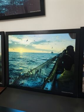 Framed Ocean Fishing Print with Sunset